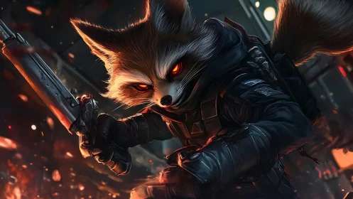 Armed cyber raccoon crouches in burning futuristic corridor