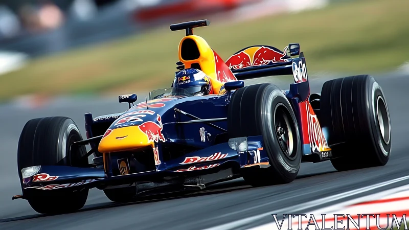 Red Bull Formula One car powers through fast racing corner.