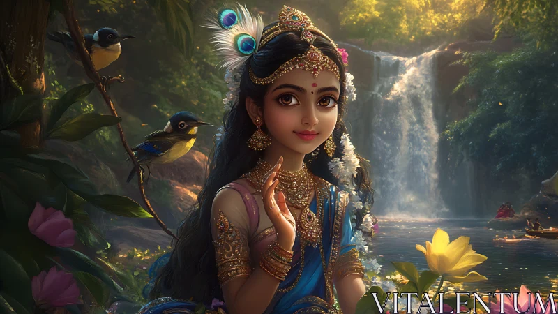 Forest princess greets river light beside whispering falls