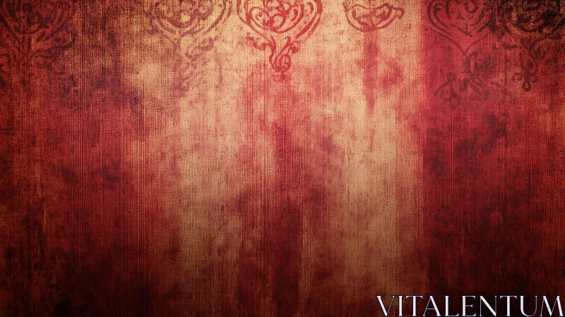 Textured crimson vignette with distressed damask ornaments.