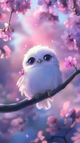 Gentle white owl resting among dreamy cherry blossoms.