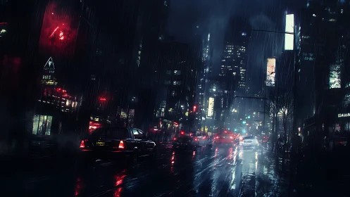 Neon soaked city street glows through heavy midnight rain