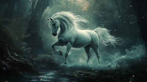 White spectral horse rearing in misty enchanted forest.