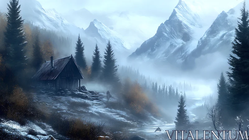 Glacial valley cabin amid volumetric fog and alpine conifers.