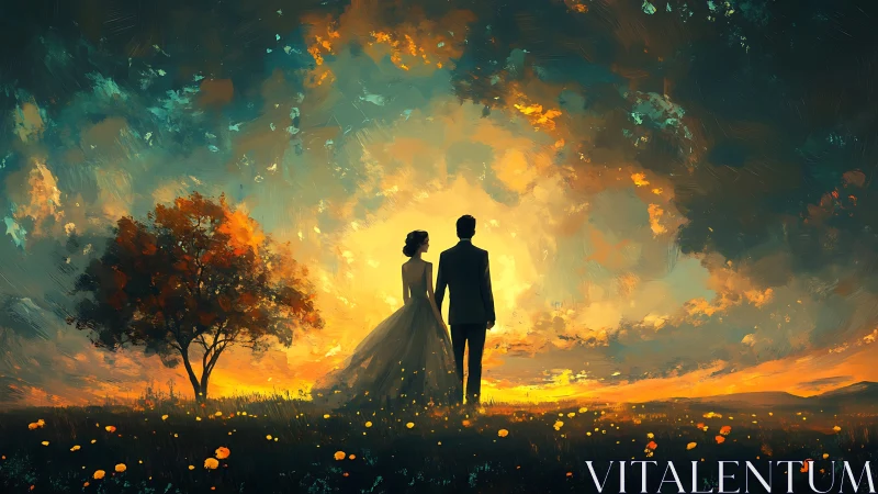 Silhouetted couple in field under vivid sunset sky.