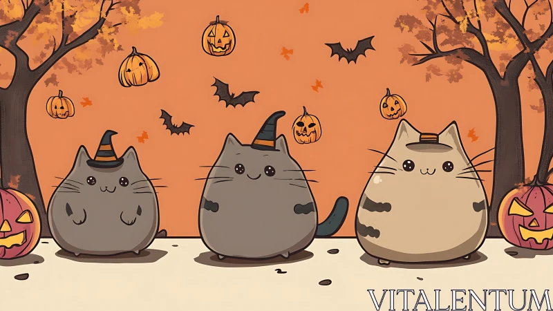 Three Rotund Felines in Halloween Wizard Costumes Amid Autumn Foliage Scene.