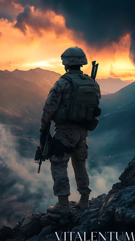 Combat soldier overlooking dramatic mountain sunset skyline.