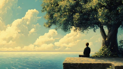 Solitary figure sits under large tree beside calm sea