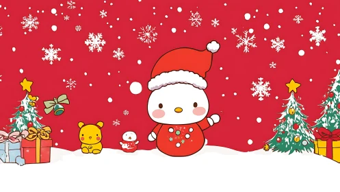 Kawaii winter mascot in saturated red festive vector field.