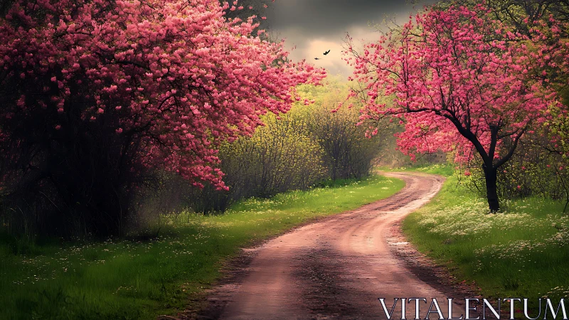 Curving country path framed by saturated spring blossom trees