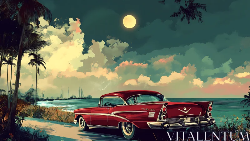 Classic red coupe under full moon by tropical shoreline.