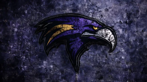 Bold purple raven emblem against textured stormy backdrop.