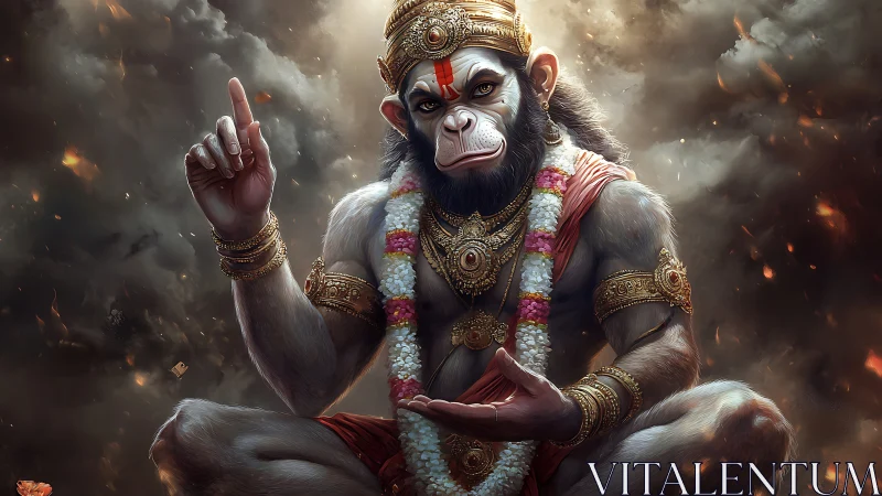 Divine simian warrior in meditative stormlit splendor.
