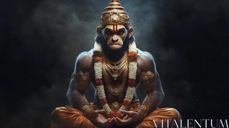 Meditating warrior monkey glows like molten bronze in smoke