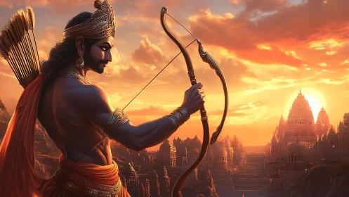 Epic archer deity overlooking golden temple city at dusk.