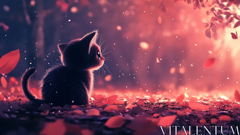 Kitten in Crimson Bokeh: Solitary Moment at Dusk.