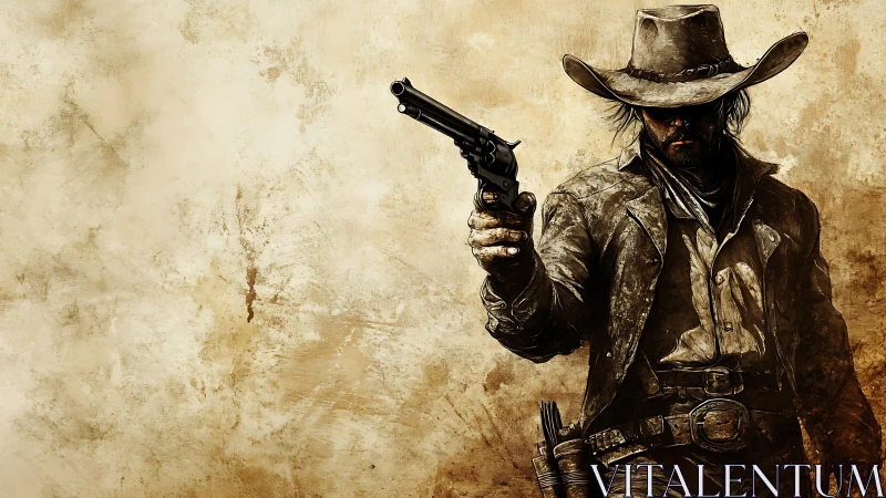 Weathered gunslinger steps from sepia dust and legend.