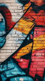 Urban brick mural with bold geometric graffiti fragments.