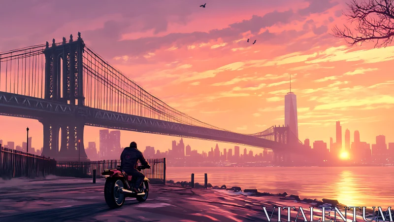 Sunset-soaked rider pauses where steel bridge meets fire sky