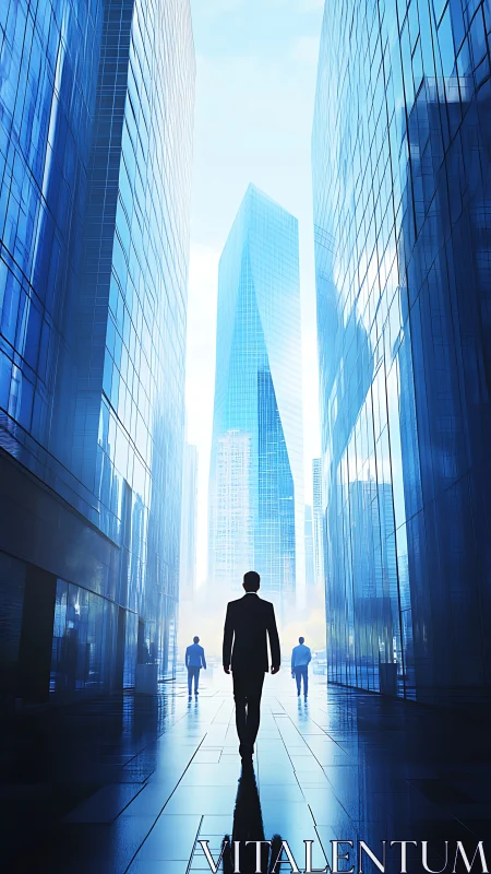 Professional walking through geometric urban corridor with skyscrapers.