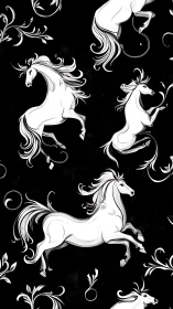 Graceful white horses leap across an ornate black backdrop