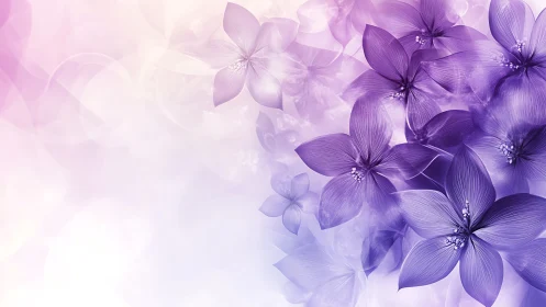 Purple five-petal flowers with gradient transparency on soft white background