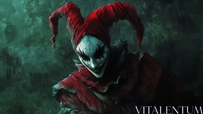 Grotesque jester portrait with distressed red costume and hat