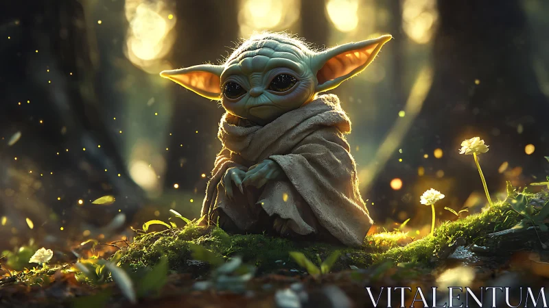 Gentle forest glow around a wide eyed alien child at rest.