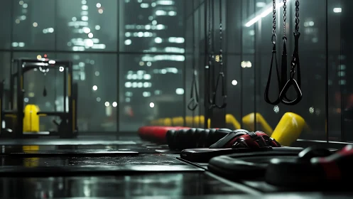 Nocturnal functional training bay with urban skyline backdrop.