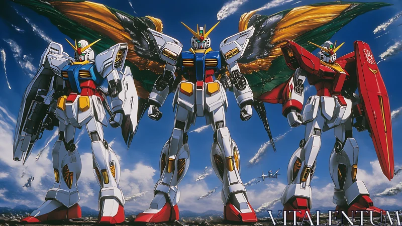 Heroic Gundam mecha stand united under a vivid sky.