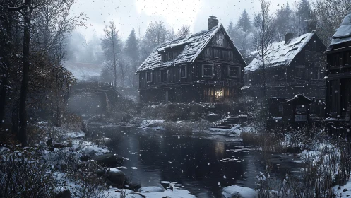 Snowy riverside village cabins with warm window light glow.