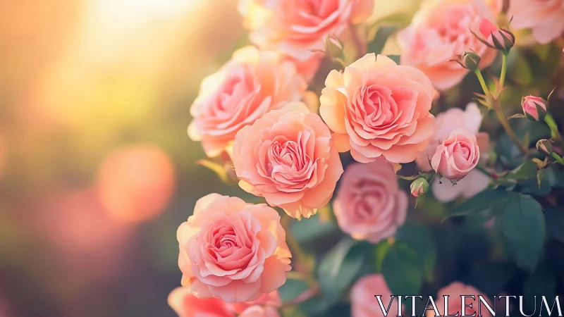 Coral pink roses with bokeh background illumination.