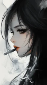 Mysterious woman gazes through smoke with quiet intensity
