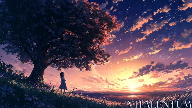 Girl under dreaming tree watching a comet-swept sunset sky.