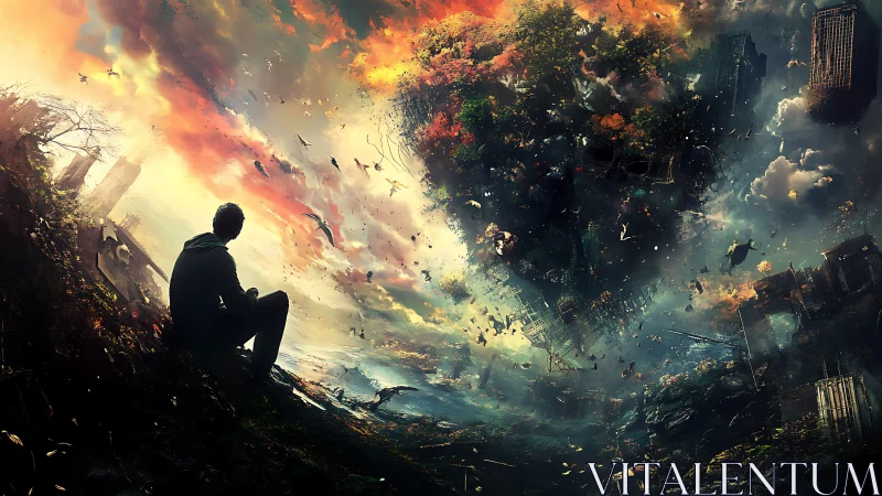 Quiet dreamer watching a crumbling world swirl into light.