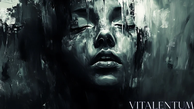 Monochrome portrait dissolves into abstract brushstroke void.