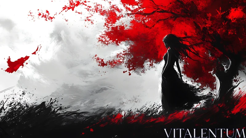 Silhouetted woman in red-black abstract landscape with dynamic brushwork