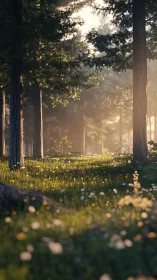 Golden-Hour Forest Perspective with Volumetric Light Penetration.