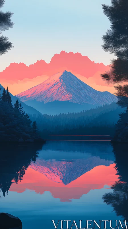 Sunrise mountain reflection over calm forest lake panorama.