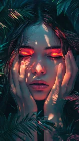 Luminous eyes behind foliage in neon-shadowed portrait.