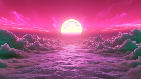 Cotton candy clouds bow to a neon lunar oceanrise.