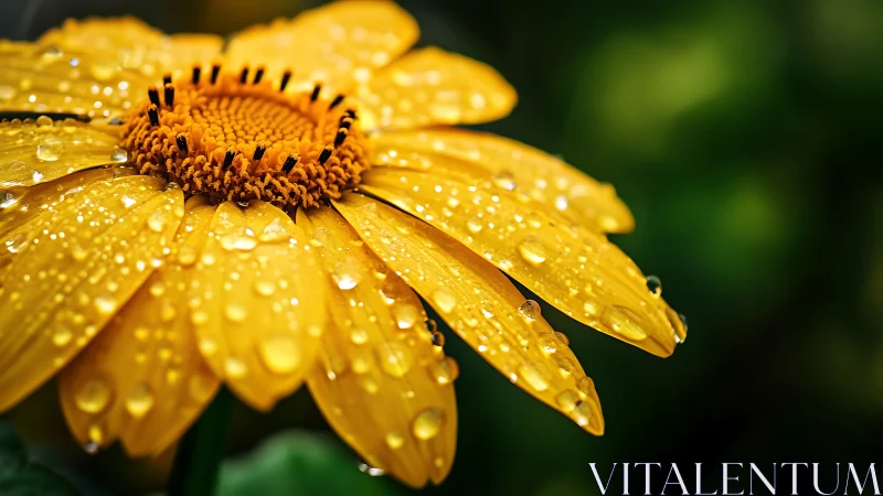 Yellow flower with orange center covered in water droplets.