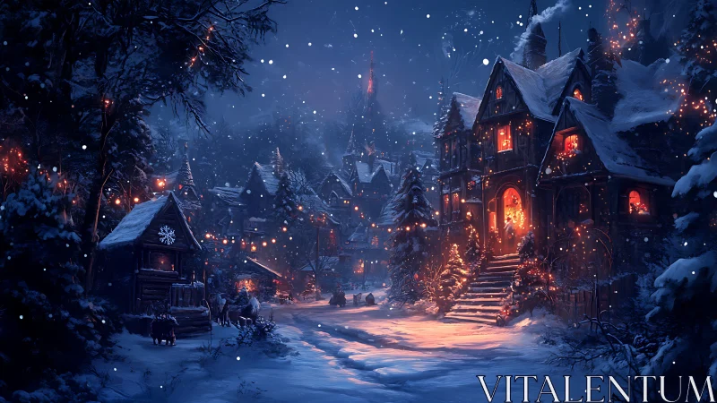 Snow-covered village street shows illuminated wooden houses at night