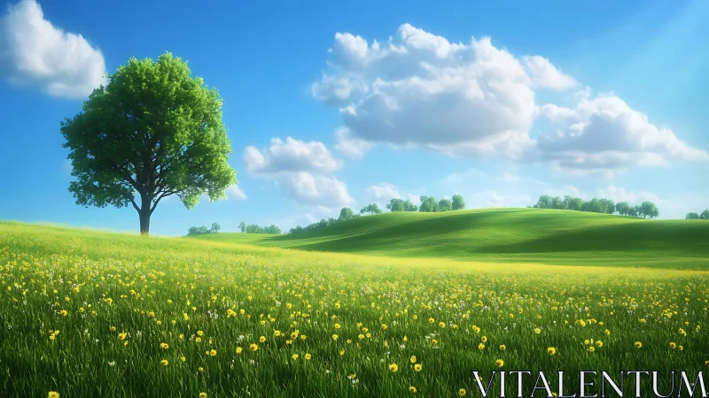 Isolated deciduous tree on radiantly lit parametric meadow.