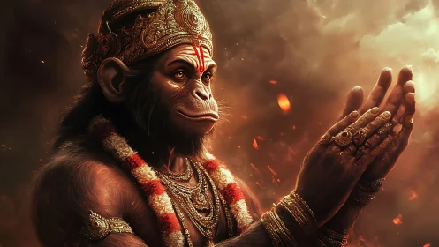 Digital painting of divine simian deity in ritual side profile.