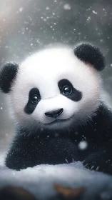 Snowy-eyed panda cub daydreaming in a hush of winter hush.