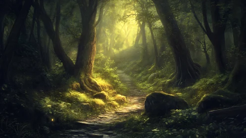 Enchanted Forest Path with Golden Sunlight Breakthrough