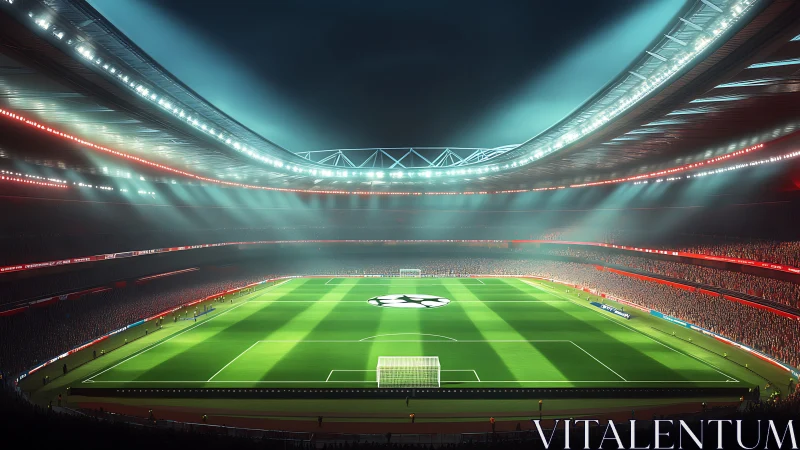 Floodlit football arena under dramatic night sky glow.