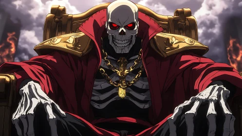 Skeletal overlord in red cloak sits on dark golden throne.