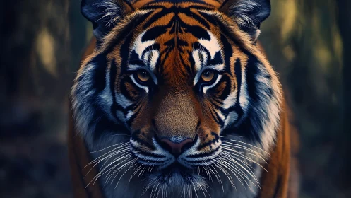 Predatory tiger portrait in moody forest bokeh lighting.